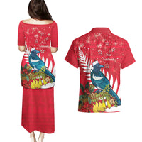New Zealand Christmas In July Couples Matching Puletasi and Hawaiian Shirt Tui Bird With Kowhai Meri Kirihimete