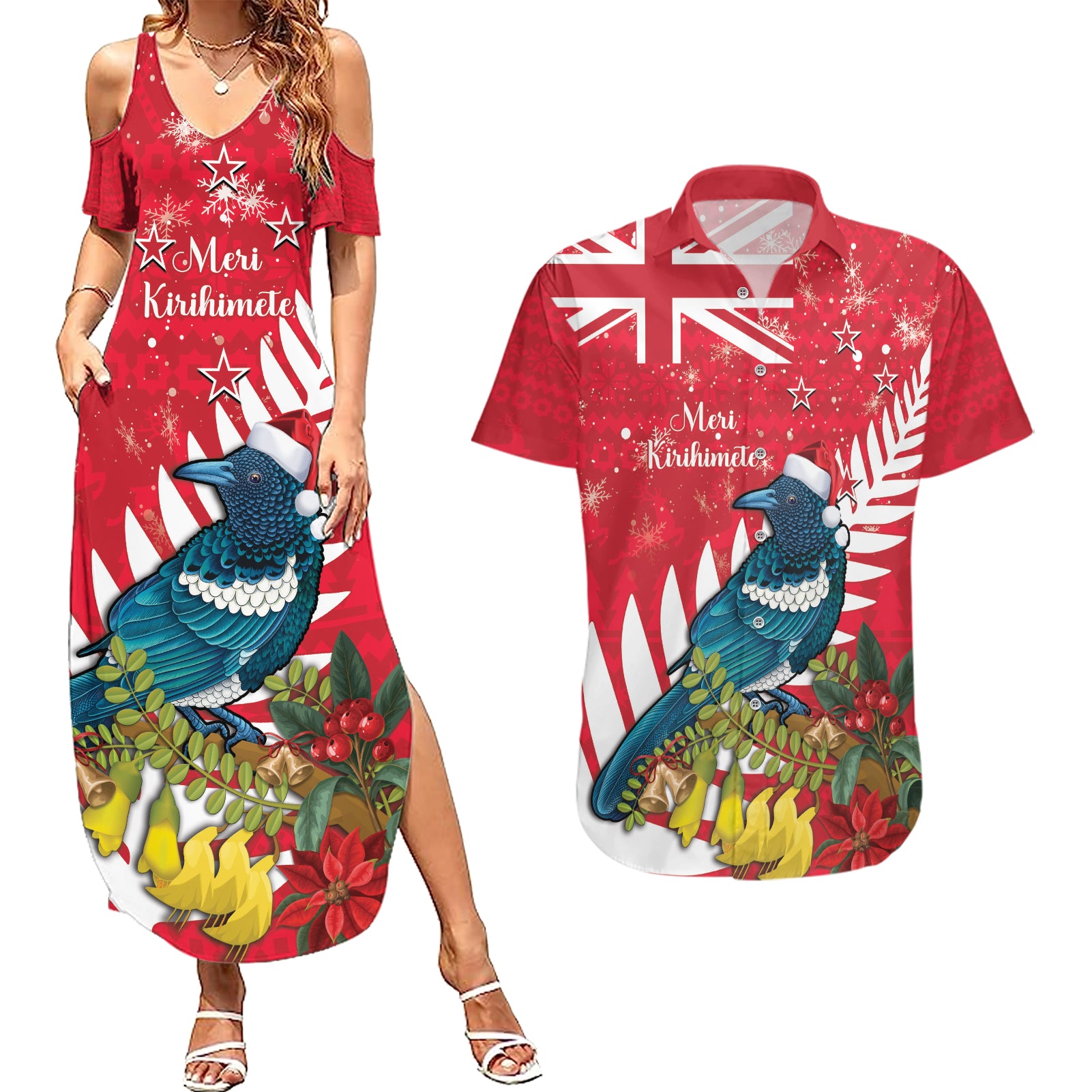 New Zealand Christmas In July Couples Matching Summer Maxi Dress and Hawaiian Shirt Tui Bird With Kowhai Meri Kirihimete
