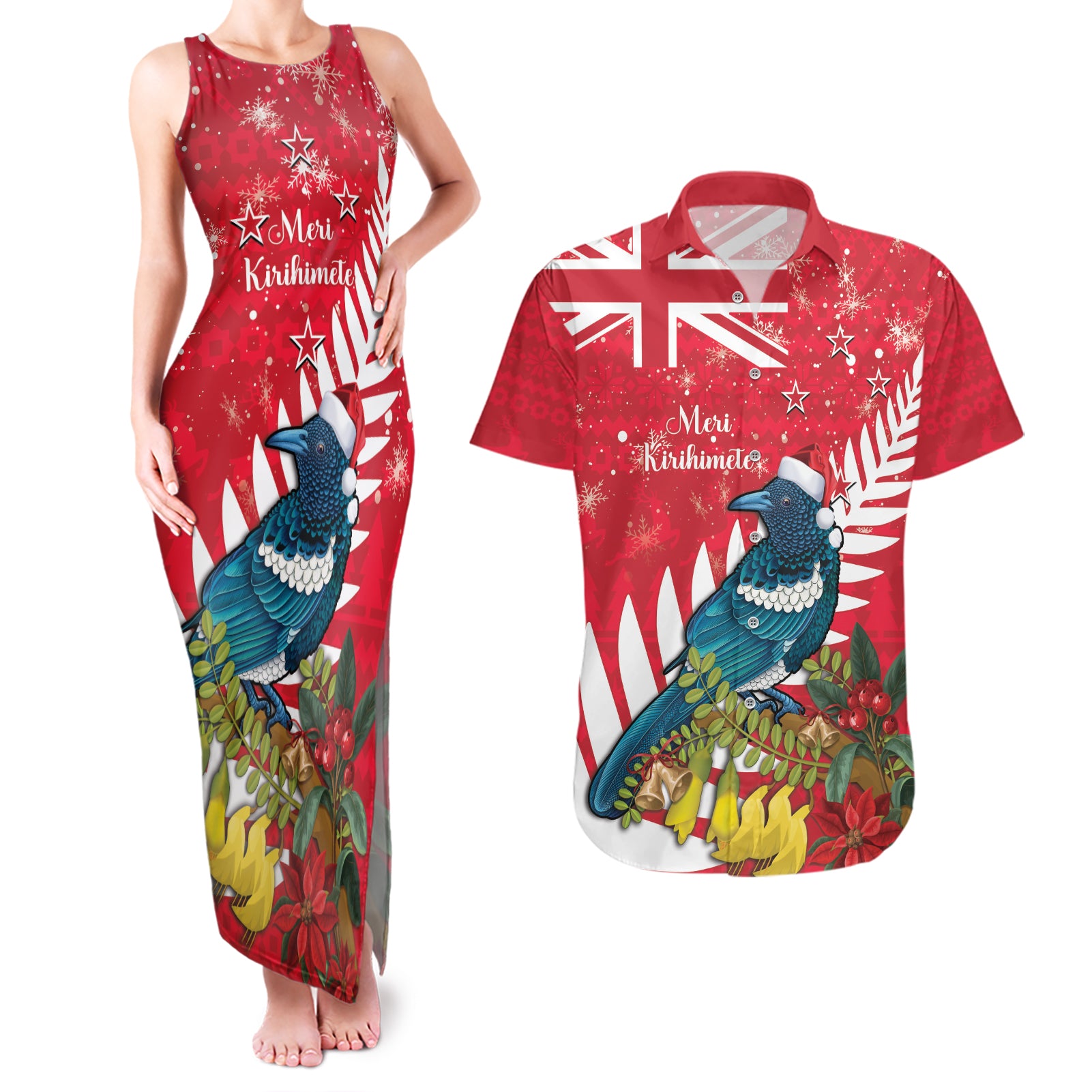 New Zealand Christmas In July Couples Matching Tank Maxi Dress and Hawaiian Shirt Tui Bird With Kowhai Meri Kirihimete