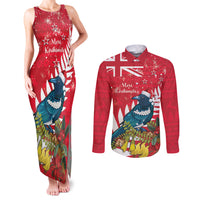 New Zealand Christmas In July Couples Matching Tank Maxi Dress and Long Sleeve Button Shirt Tui Bird With Kowhai Meri Kirihimete