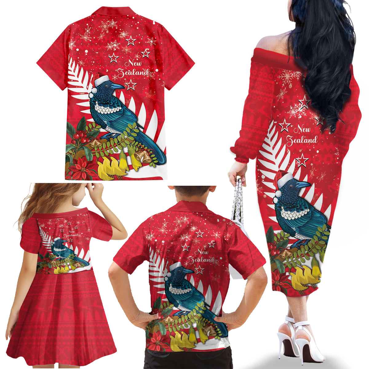 New Zealand Christmas In July Family Matching Off The Shoulder Long Sleeve Dress and Hawaiian Shirt Tui Bird With Kowhai Meri Kirihimete