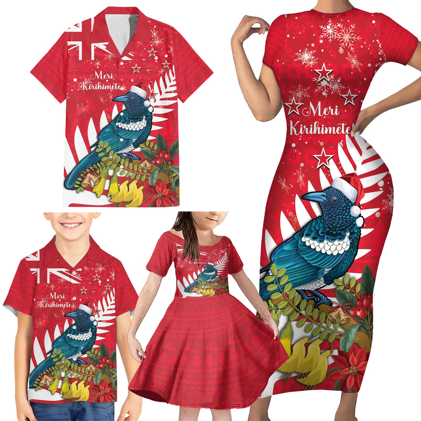 New Zealand Christmas In July Family Matching Short Sleeve Bodycon Dress and Hawaiian Shirt Tui Bird With Kowhai Meri Kirihimete