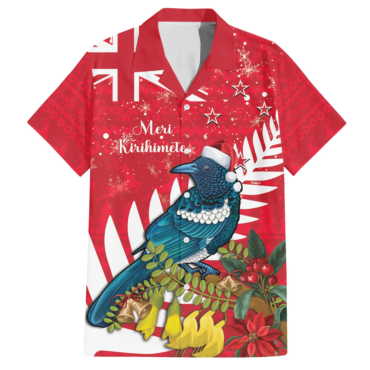 New Zealand Christmas In July Family Matching Short Sleeve Bodycon Dress and Hawaiian Shirt Tui Bird With Kowhai Meri Kirihimete LT14 Dad's Shirt - Short Sleeve Red - Polynesian Pride