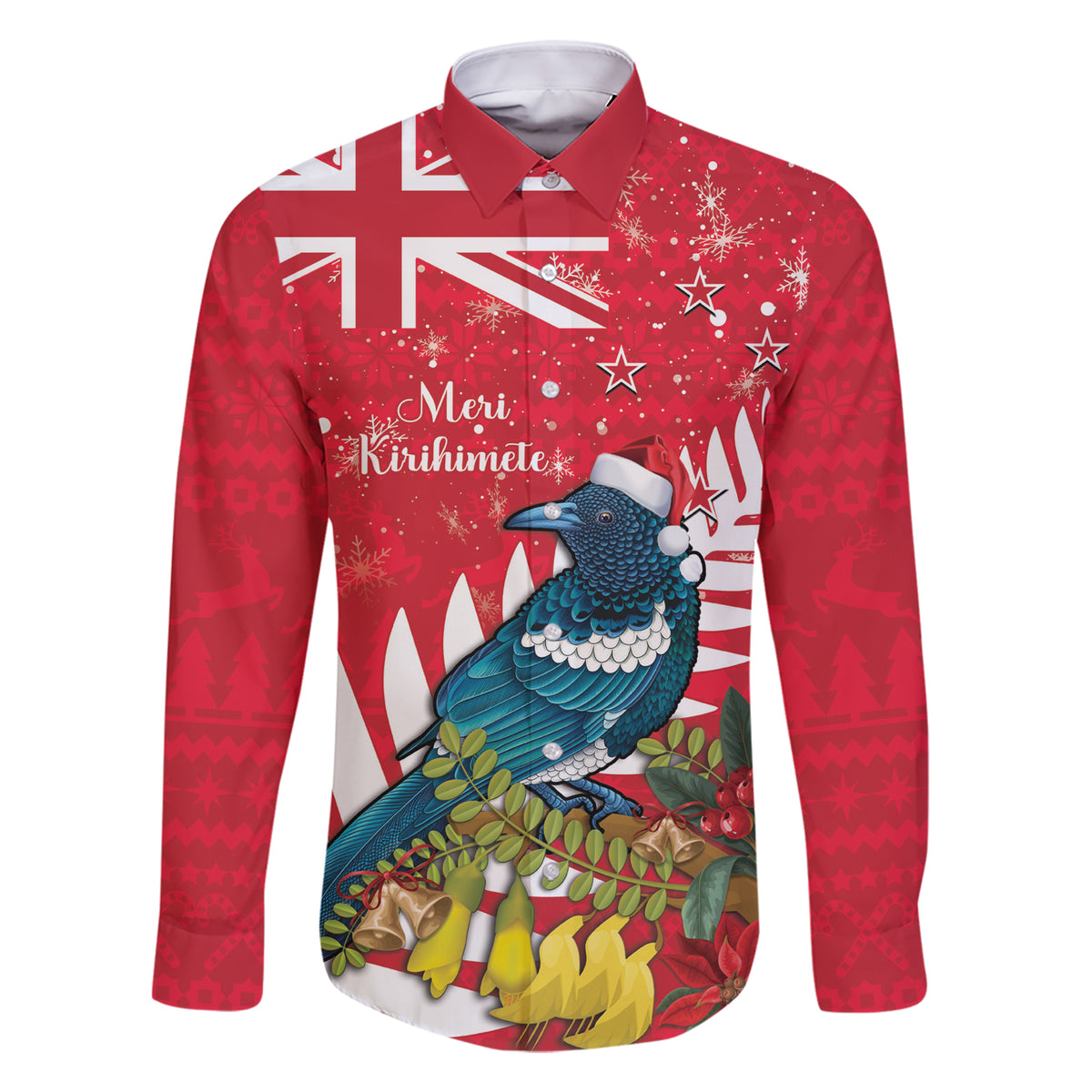 New Zealand Christmas In July Family Matching Short Sleeve Bodycon Dress and Hawaiian Shirt Tui Bird With Kowhai Meri Kirihimete LT14 Dad's Shirt - Long Sleeve Red - Polynesian Pride
