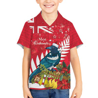 New Zealand Christmas In July Family Matching Short Sleeve Bodycon Dress and Hawaiian Shirt Tui Bird With Kowhai Meri Kirihimete LT14 Son's Shirt Red - Polynesian Pride