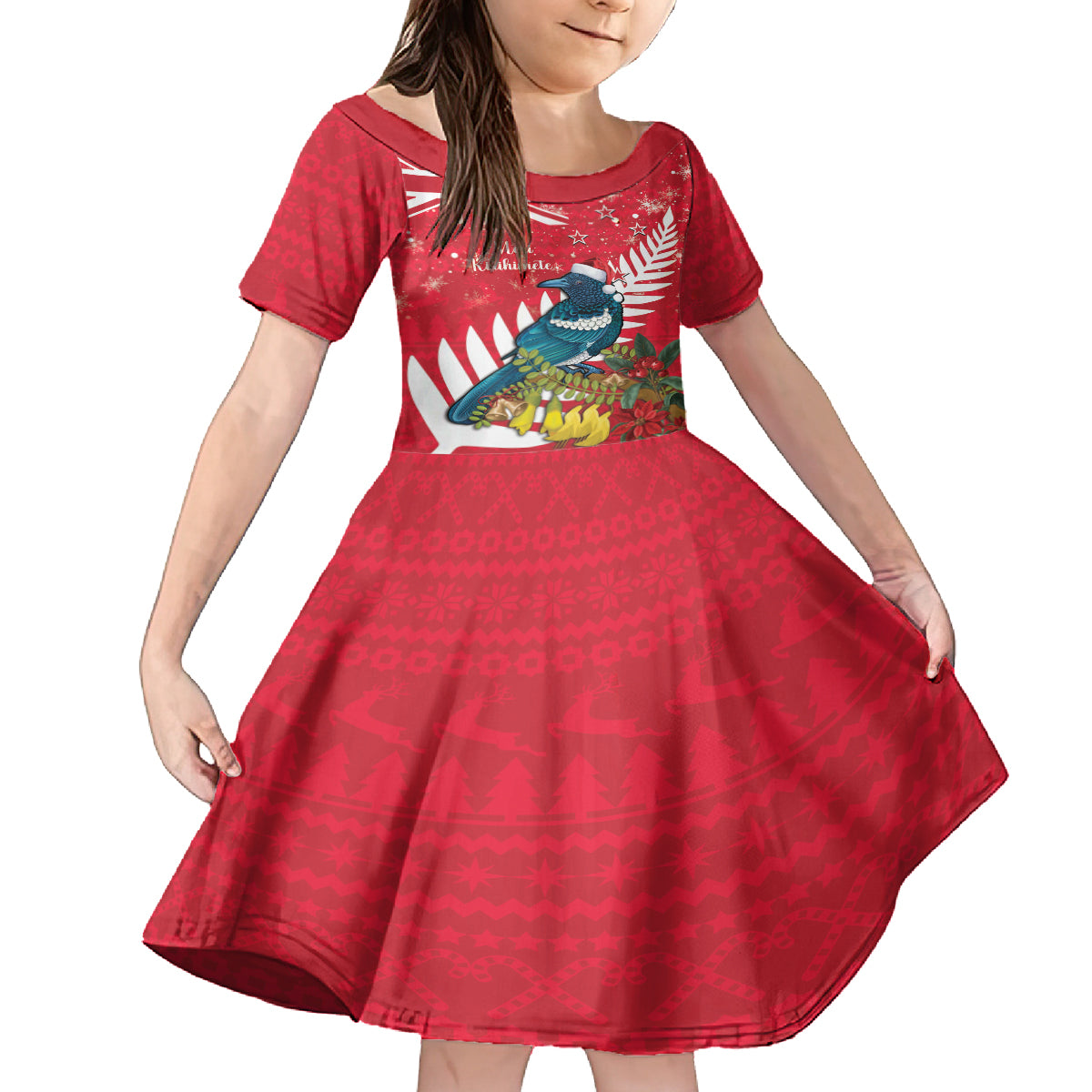 New Zealand Christmas In July Kid Short Sleeve Dress Tui Bird With Kowhai Meri Kirihimete LT14 KID Red - Polynesian Pride