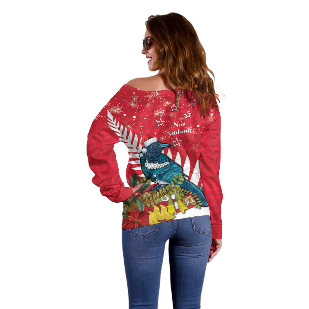 New Zealand Christmas In July Off Shoulder Sweater Tui Bird With Kowhai Meri Kirihimete
