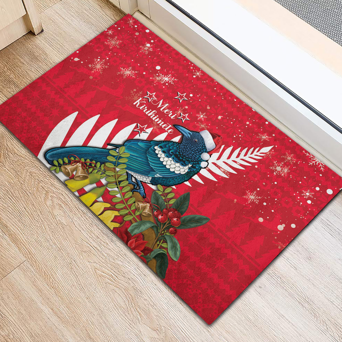 New Zealand Christmas In July Rubber Doormat Tui Bird With Kowhai Meri Kirihimete