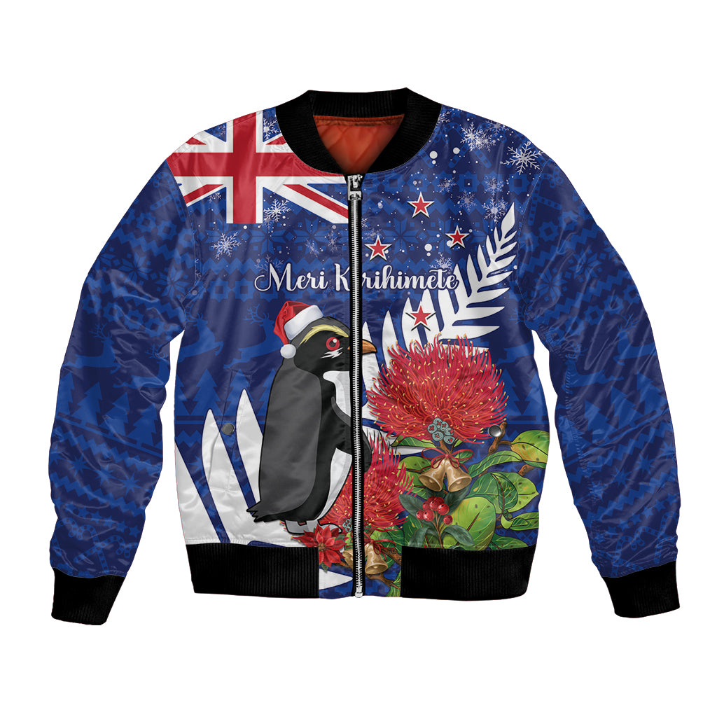 New Zealand Christmas In July Bomber Jacket Fiordland Penguin With Pohutukawa Flower