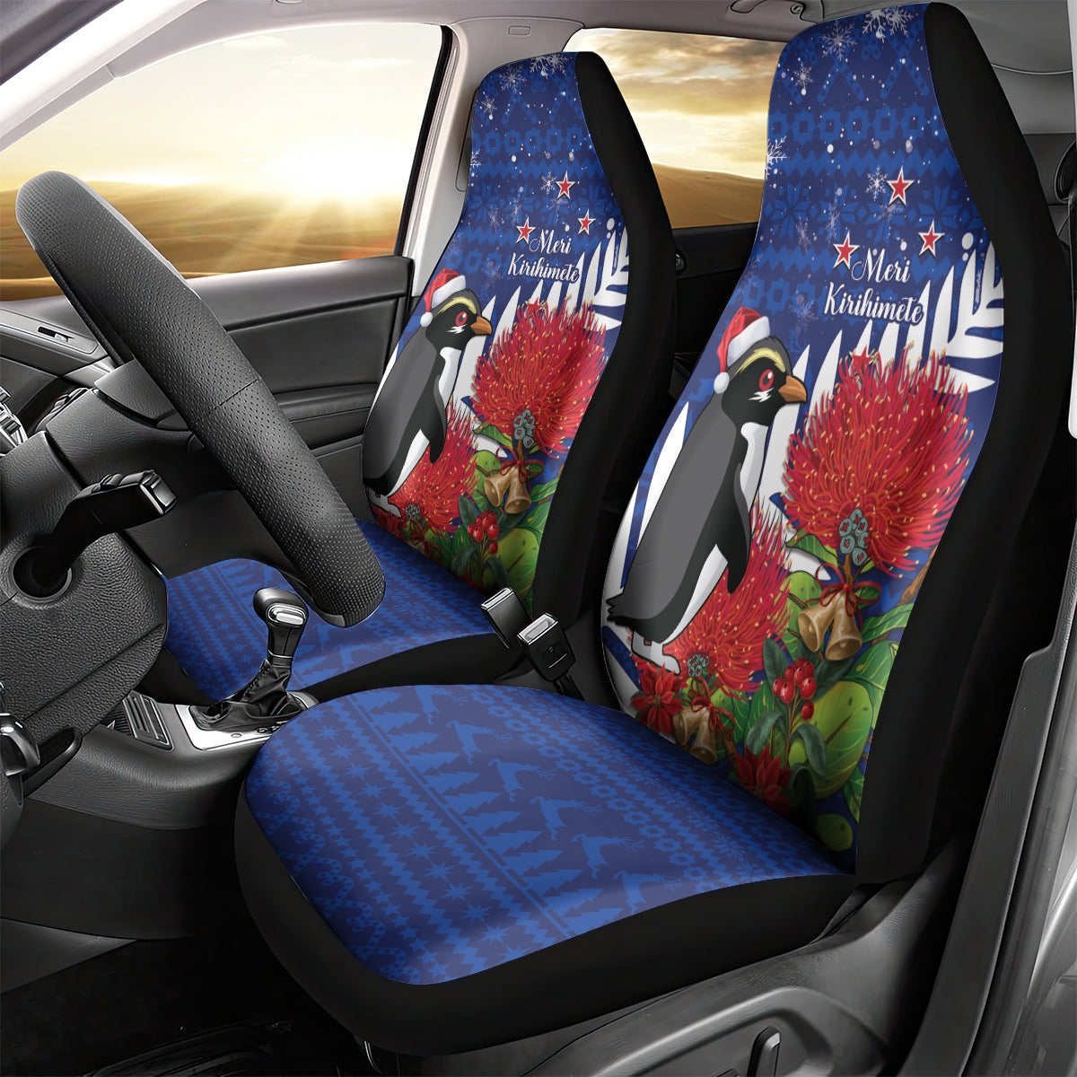New Zealand Christmas In July Car Seat Cover Fiordland Penguin With Pohutukawa Flower