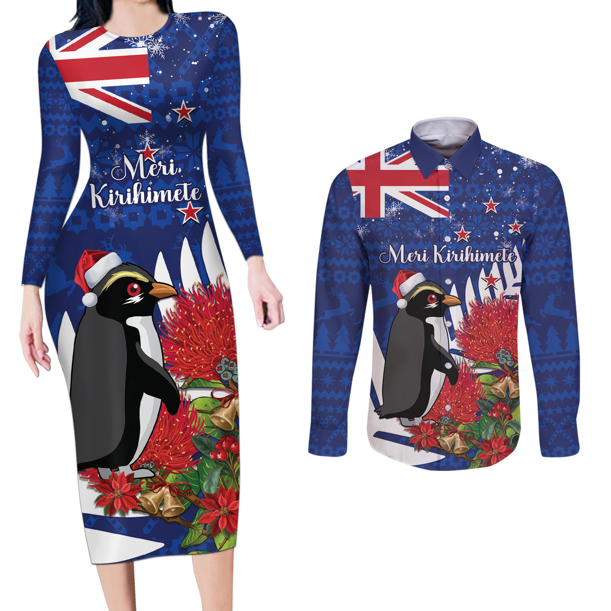 New Zealand Christmas In July Couples Matching Long Sleeve Bodycon Dress and Long Sleeve Button Shirt Fiordland Penguin With Pohutukawa Flower