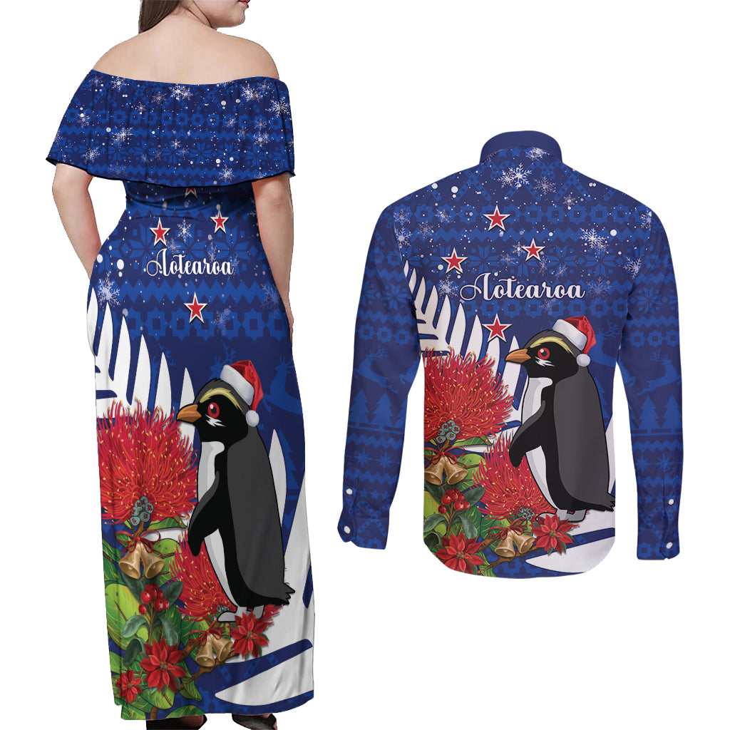 New Zealand Christmas In July Couples Matching Off Shoulder Maxi Dress and Long Sleeve Button Shirt Fiordland Penguin With Pohutukawa Flower