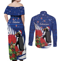 New Zealand Christmas In July Couples Matching Off Shoulder Maxi Dress and Long Sleeve Button Shirt Fiordland Penguin With Pohutukawa Flower