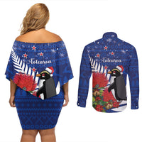 New Zealand Christmas In July Couples Matching Off Shoulder Short Dress and Long Sleeve Button Shirt Fiordland Penguin With Pohutukawa Flower