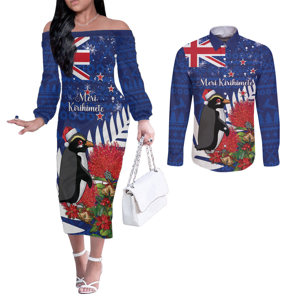 New Zealand Christmas In July Couples Matching Off The Shoulder Long Sleeve Dress and Long Sleeve Button Shirt Fiordland Penguin With Pohutukawa Flower