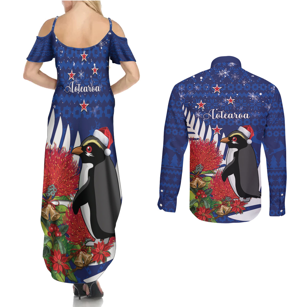New Zealand Christmas In July Couples Matching Summer Maxi Dress and Long Sleeve Button Shirt Fiordland Penguin With Pohutukawa Flower