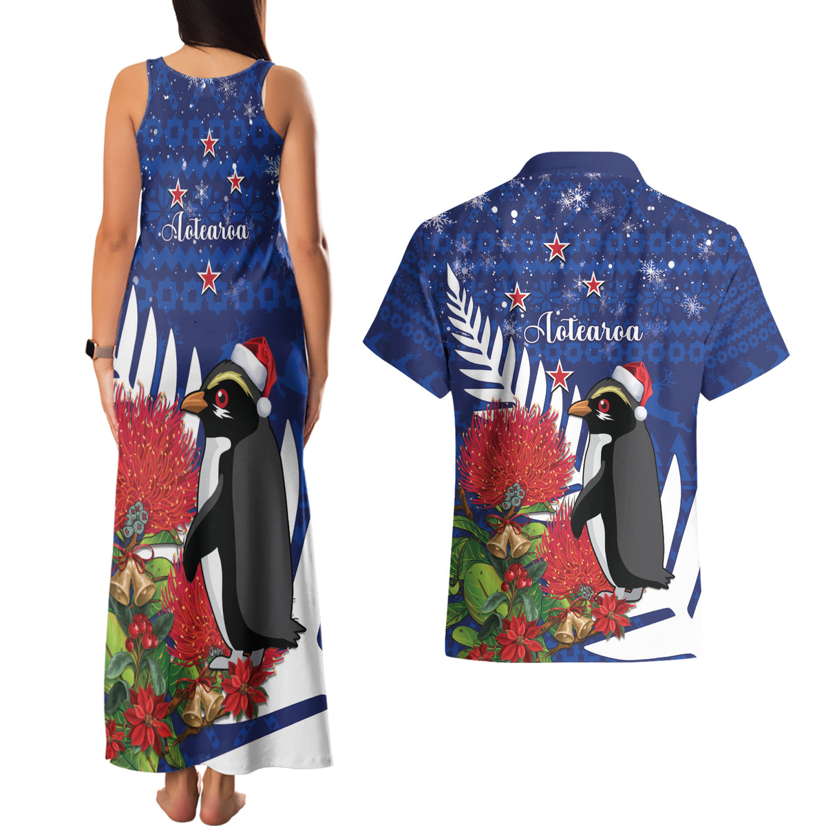 New Zealand Christmas In July Couples Matching Tank Maxi Dress and Hawaiian Shirt Fiordland Penguin With Pohutukawa Flower