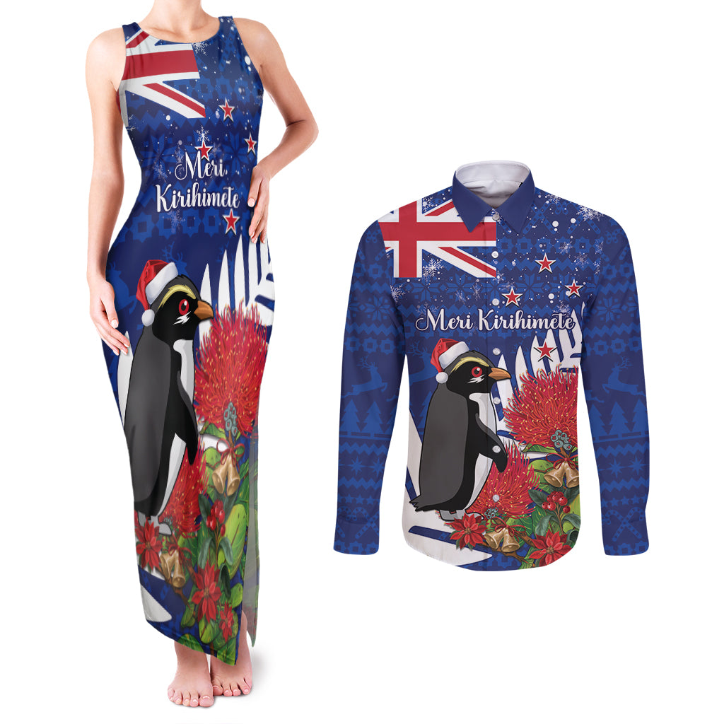 New Zealand Christmas In July Couples Matching Tank Maxi Dress and Long Sleeve Button Shirt Fiordland Penguin With Pohutukawa Flower