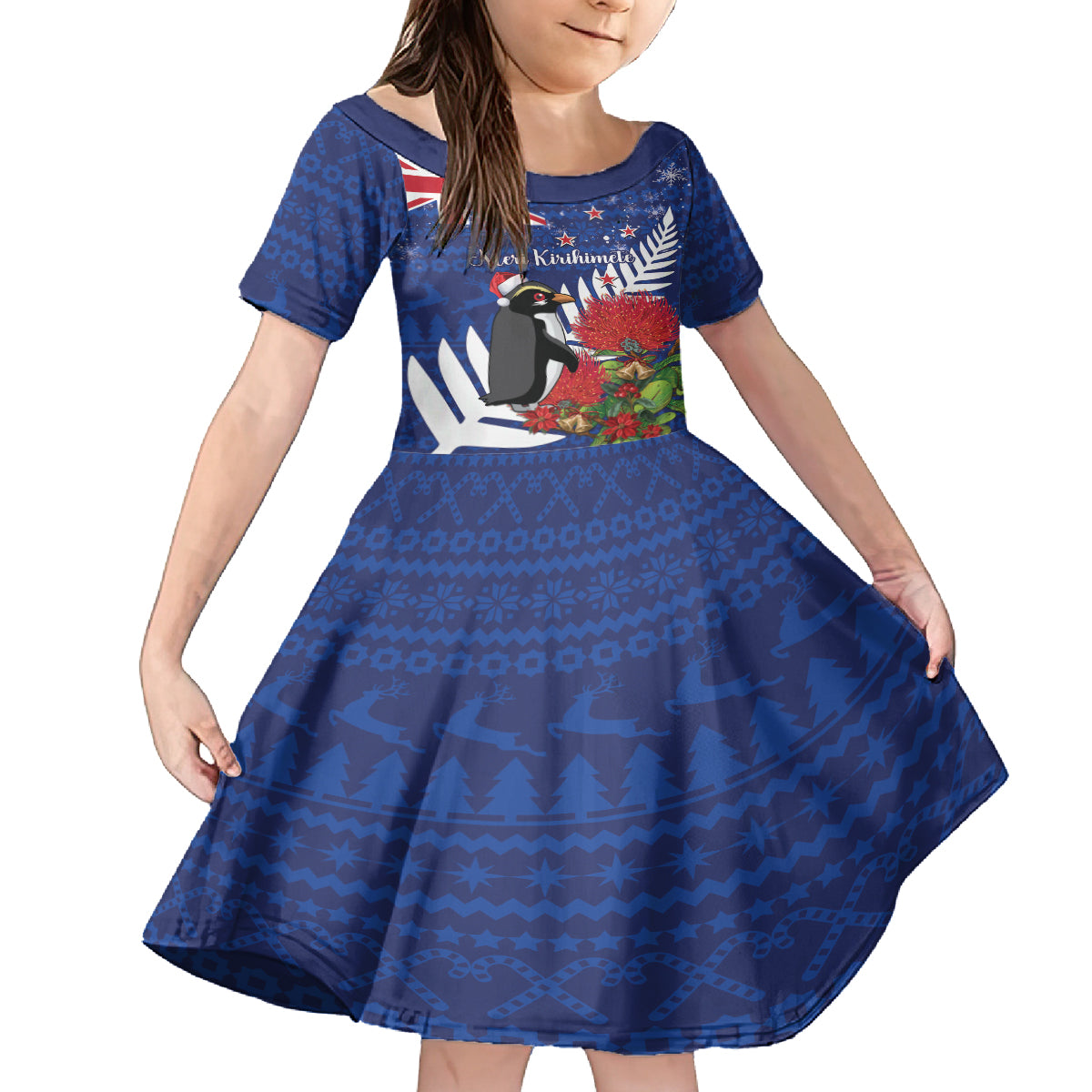 New Zealand Christmas In July Family Matching Long Sleeve Bodycon Dress and Hawaiian Shirt Fiordland Penguin With Pohutukawa Flower LT14 Daughter's Dress Blue - Polynesian Pride