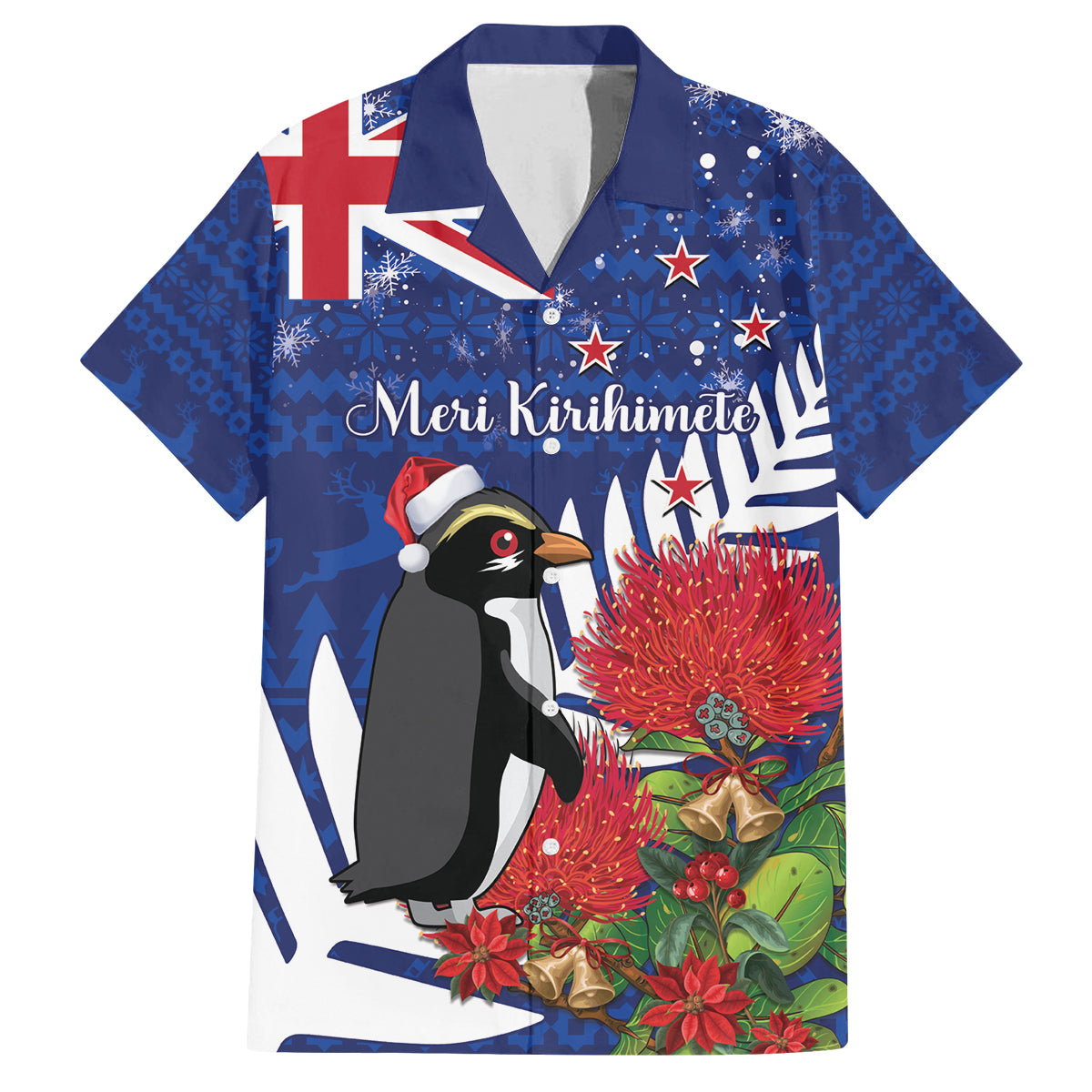 New Zealand Christmas In July Family Matching Long Sleeve Bodycon Dress and Hawaiian Shirt Fiordland Penguin With Pohutukawa Flower LT14 Dad's Shirt - Short Sleeve Blue - Polynesian Pride
