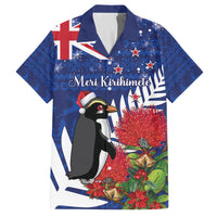 New Zealand Christmas In July Family Matching Long Sleeve Bodycon Dress and Hawaiian Shirt Fiordland Penguin With Pohutukawa Flower LT14 Dad's Shirt - Short Sleeve Blue - Polynesian Pride