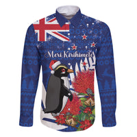 New Zealand Christmas In July Family Matching Long Sleeve Bodycon Dress and Hawaiian Shirt Fiordland Penguin With Pohutukawa Flower LT14 Dad's Shirt - Long Sleeve Blue - Polynesian Pride