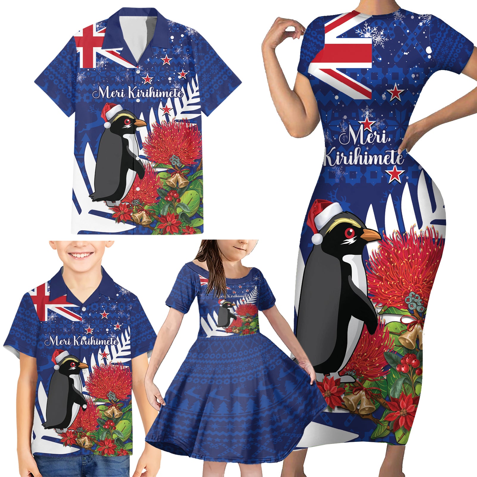 New Zealand Christmas In July Family Matching Short Sleeve Bodycon Dress and Hawaiian Shirt Fiordland Penguin With Pohutukawa Flower
