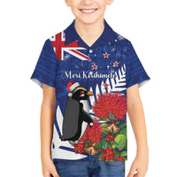 New Zealand Christmas In July Family Matching Short Sleeve Bodycon Dress and Hawaiian Shirt Fiordland Penguin With Pohutukawa Flower LT14 Son's Shirt Blue - Polynesian Pride