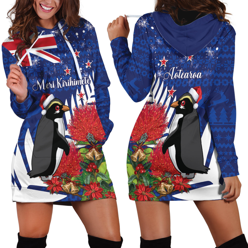 New Zealand Christmas In July Hoodie Dress Fiordland Penguin With Pohutukawa Flower