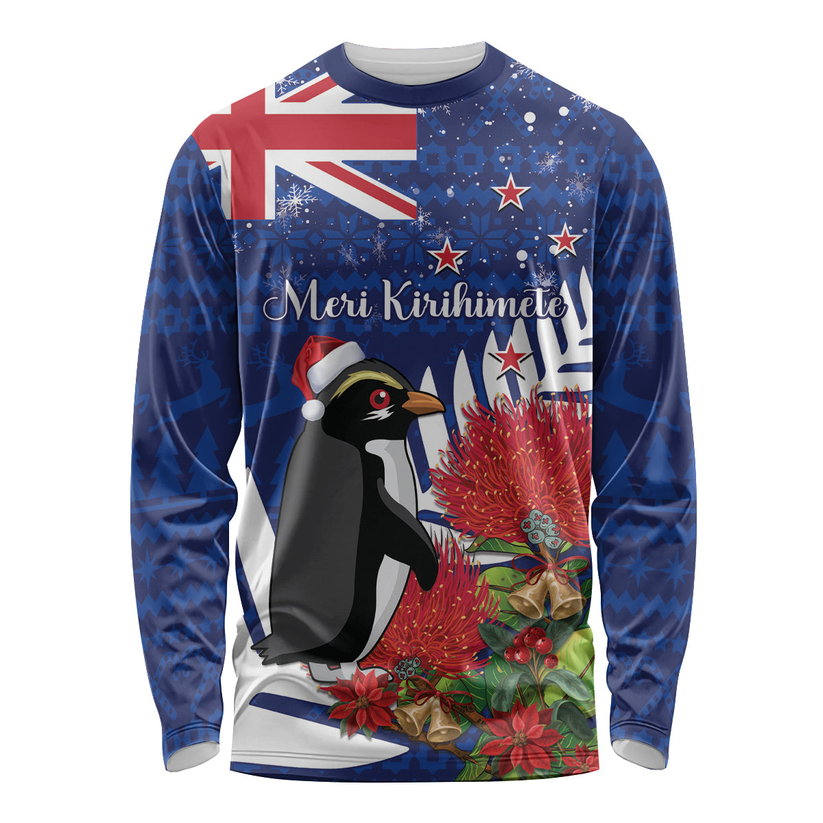 New Zealand Christmas In July Long Sleeve Shirt Fiordland Penguin With Pohutukawa Flower