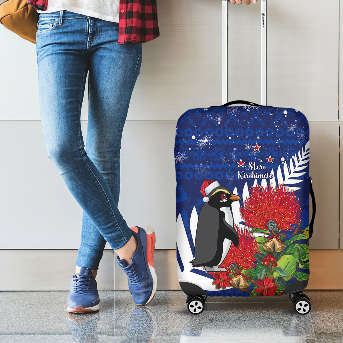 New Zealand Christmas In July Luggage Cover Fiordland Penguin With Pohutukawa Flower