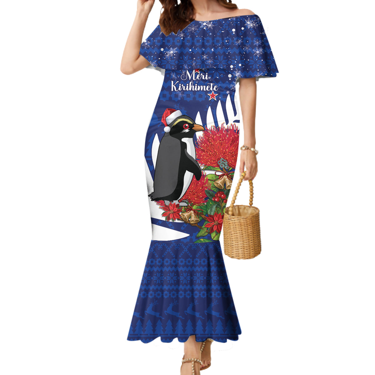 New Zealand Christmas In July Mermaid Dress Fiordland Penguin With Pohutukawa Flower