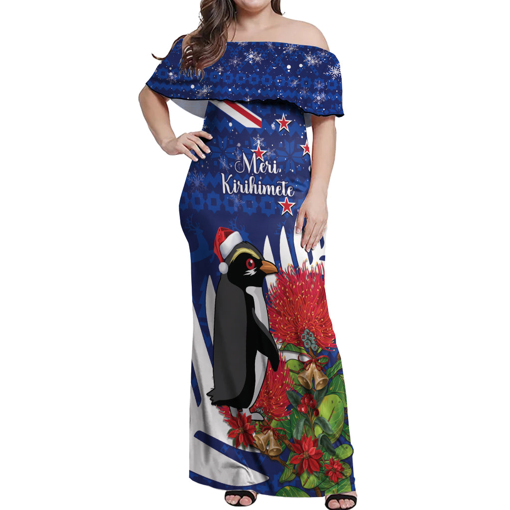 New Zealand Christmas In July Off Shoulder Maxi Dress Fiordland Penguin With Pohutukawa Flower