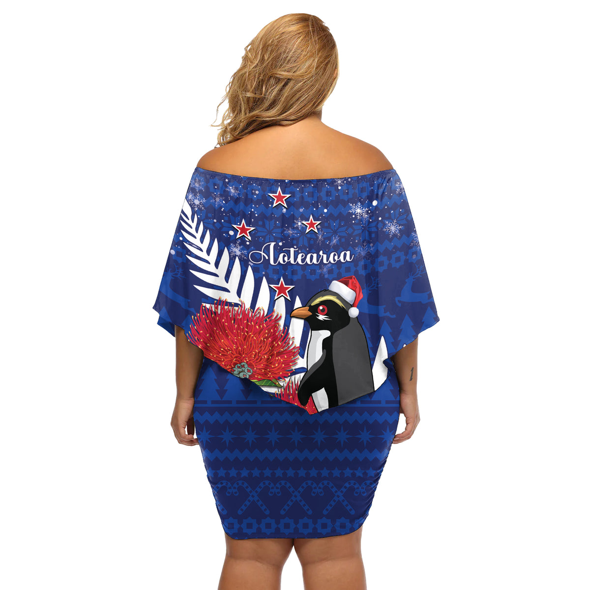 New Zealand Christmas In July Off Shoulder Short Dress Fiordland Penguin With Pohutukawa Flower