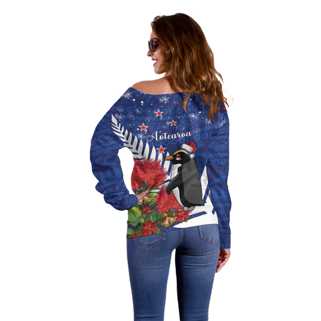 New Zealand Christmas In July Off Shoulder Sweater Fiordland Penguin With Pohutukawa Flower