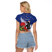 New Zealand Christmas In July Raglan Cropped T Shirt Fiordland Penguin With Pohutukawa Flower