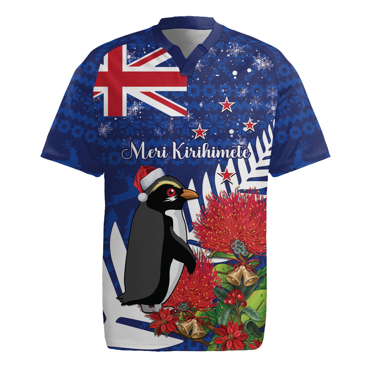 New Zealand Christmas In July Rugby Jersey Fiordland Penguin With Pohutukawa Flower
