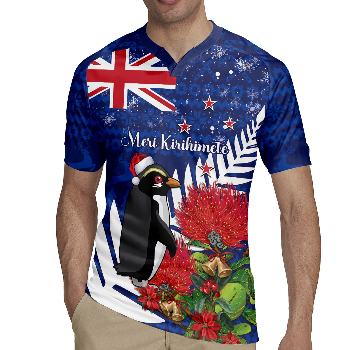New Zealand Christmas In July Rugby Jersey Fiordland Penguin With Pohutukawa Flower
