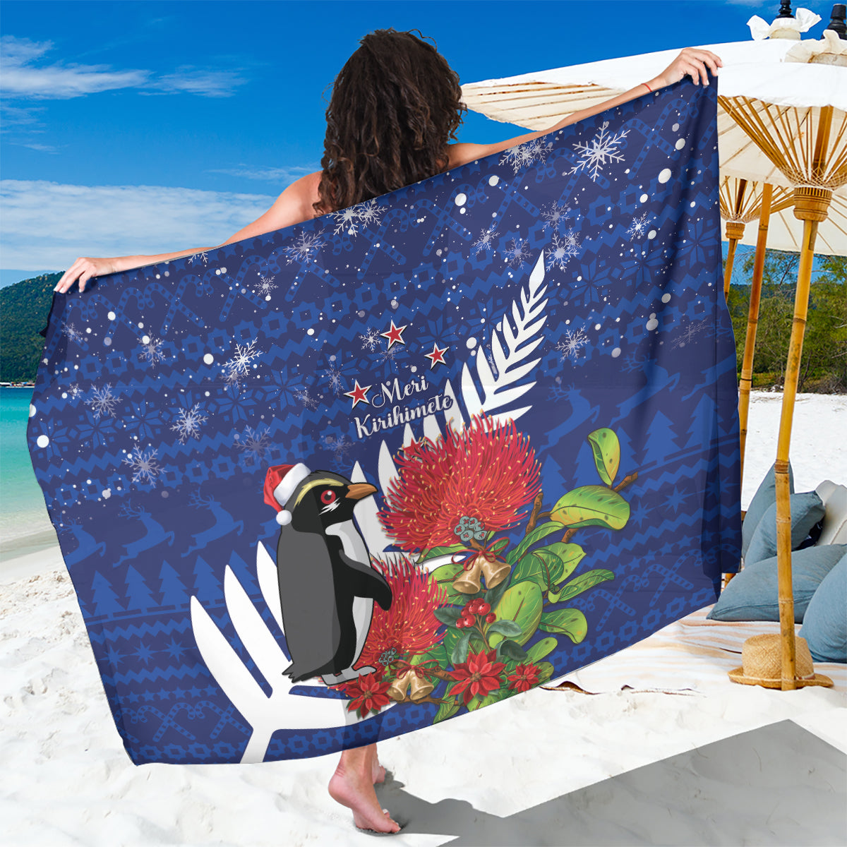 New Zealand Christmas In July Sarong Fiordland Penguin With Pohutukawa Flower