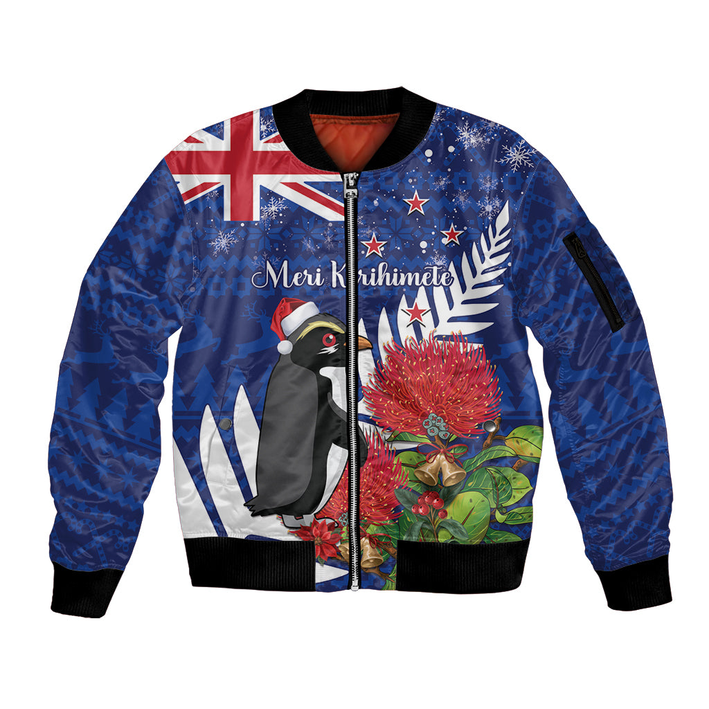 New Zealand Christmas In July Sleeve Zip Bomber Jacket Fiordland Penguin With Pohutukawa Flower