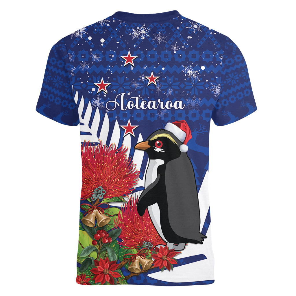 New Zealand Christmas In July Women V-Neck T-Shirt Fiordland Penguin With Pohutukawa Flower