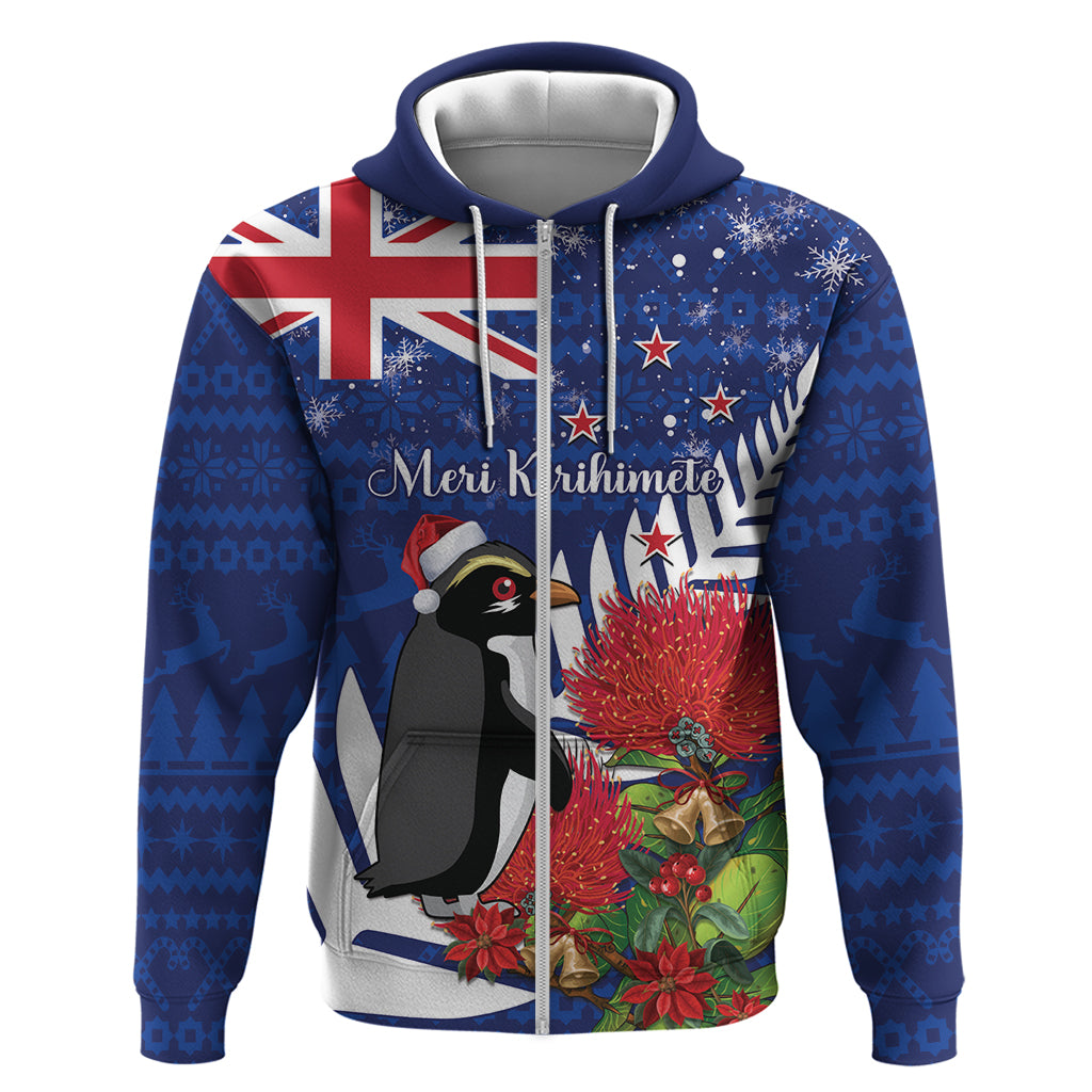 New Zealand Christmas In July Zip Hoodie Fiordland Penguin With Pohutukawa Flower