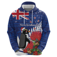New Zealand Christmas In July Zip Hoodie Fiordland Penguin With Pohutukawa Flower