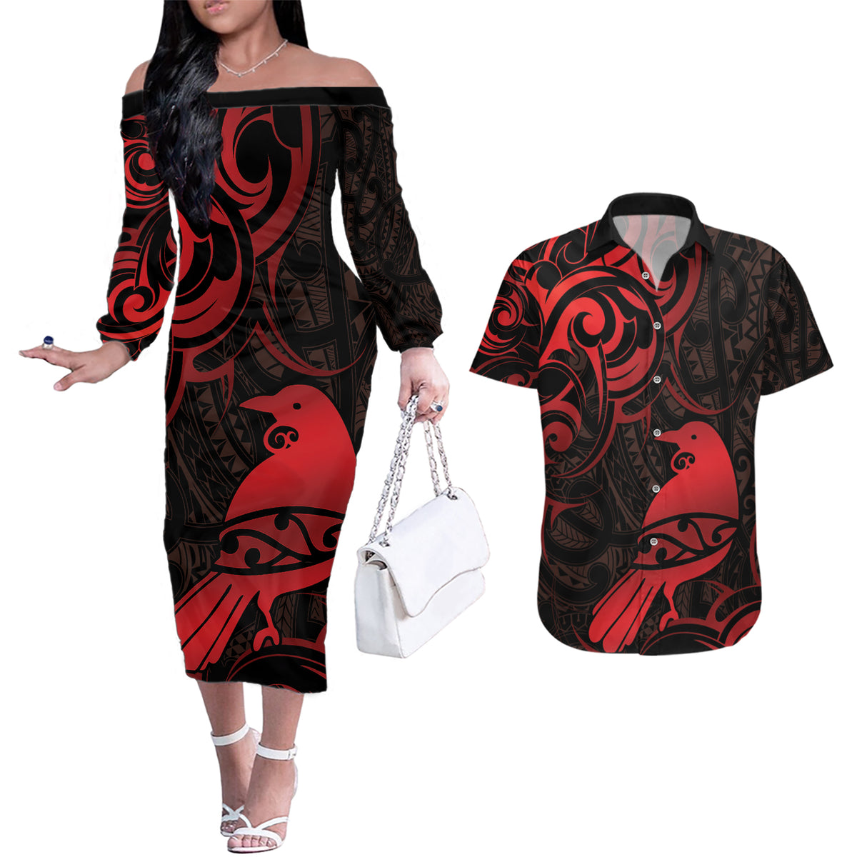 New Zealand Tui Bird Couples Matching Off The Shoulder Long Sleeve Dress and Hawaiian Shirt Aotearoa Maori Pattern - Red