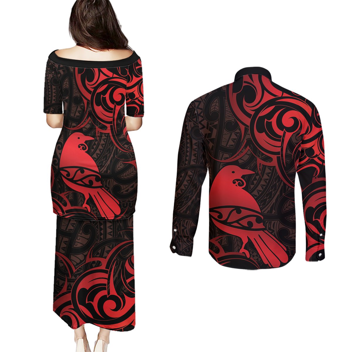New Zealand Tui Bird Couples Matching Puletasi and Long Sleeve Button Shirt Aotearoa Maori Pattern - Red LT14 - Polynesian Pride
