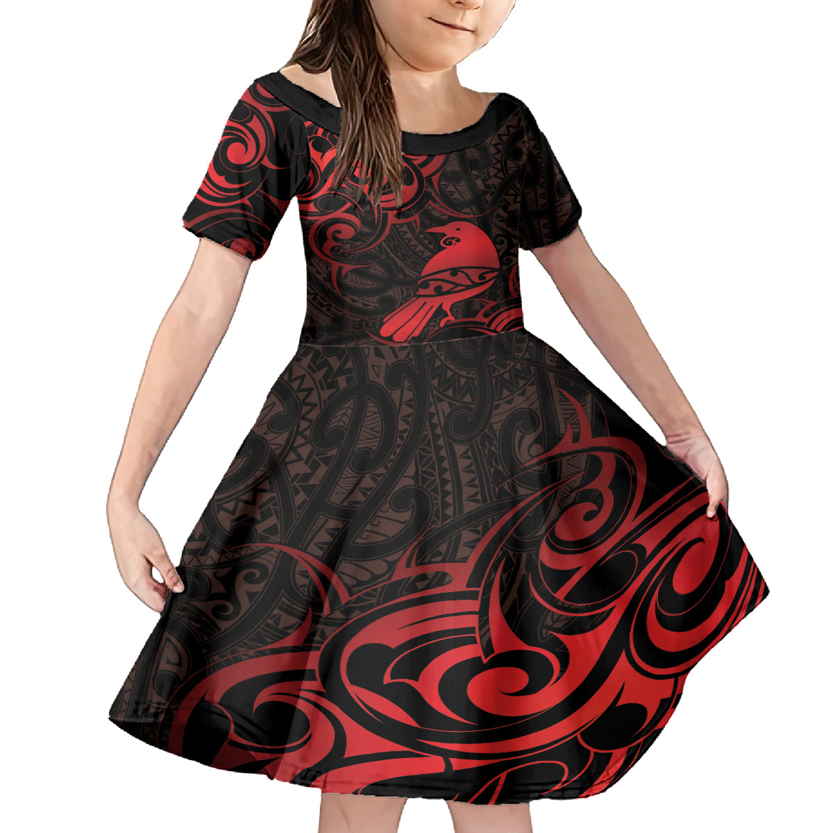 New Zealand Tui Bird Family Matching Long Sleeve Bodycon Dress and Hawaiian Shirt Aotearoa Maori Pattern - Red LT14 Daughter's Dress Red - Polynesian Pride