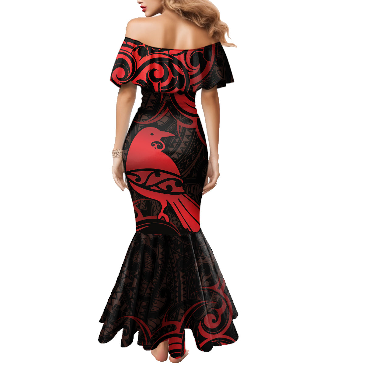 New Zealand Tui Bird Family Matching Mermaid Dress and Hawaiian Shirt Aotearoa Maori Pattern - Red