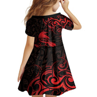 New Zealand Tui Bird Family Matching Off The Shoulder Long Sleeve Dress and Hawaiian Shirt Aotearoa Maori Pattern - Red LT14 - Polynesian Pride