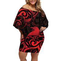 New Zealand Tui Bird Family Matching Off Shoulder Short Dress and Hawaiian Shirt Aotearoa Maori Pattern - Red