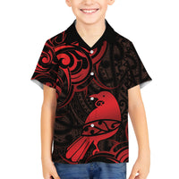 New Zealand Tui Bird Family Matching Off Shoulder Short Dress and Hawaiian Shirt Aotearoa Maori Pattern - Red